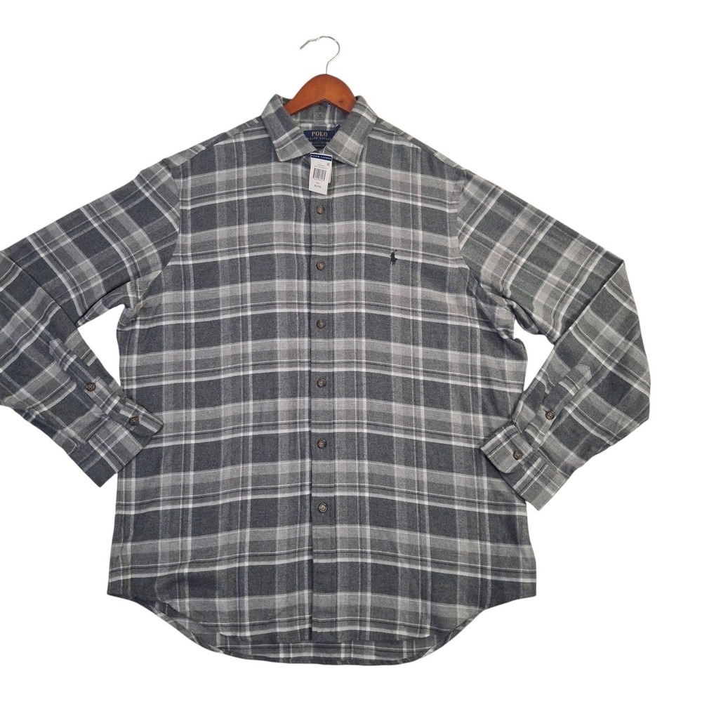 Polo Ralph Lauren Flannel Shirt Mens XL Grey Plaid Classic Fit Cotton - Picture 1 of 10